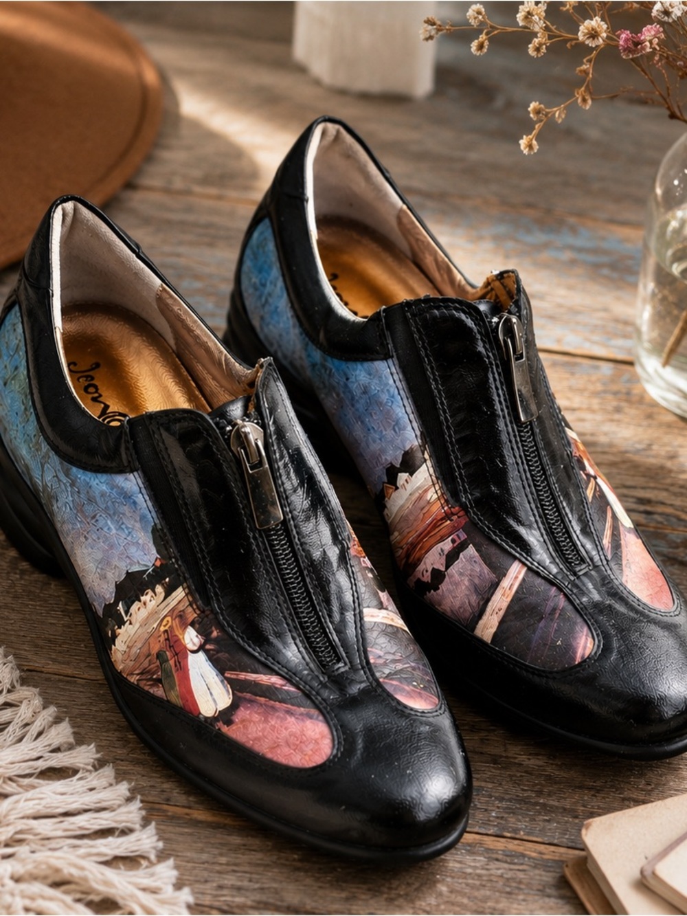 Women's Black Multi-Color Zip-Front Casual Flats